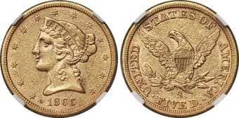 Liberty Half Eagles 1866-S $5 No Motto AU53 NGC. The 1866 San Francisco branch mint No Motto half eagle is a rare...