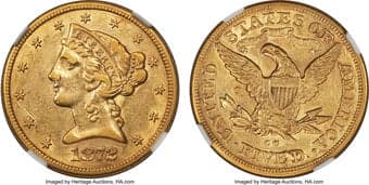 Liberty Half Eagles 1872-CC $5 XF45 NGC. Winter 1-B. Two 1872-CC die varieties struck 16,980 half eagles, now...