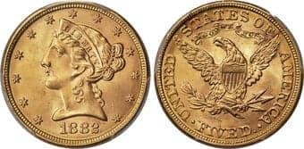 Liberty Half Eagles 1882 $5 MS66 PCGS. The 1882 Philadelphia half eagle boasts a substantial mintage of more than 2.5...