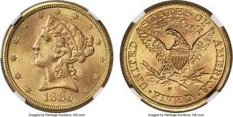 Liberty Half Eagles 1886-S $5 MS66+ NGC. The technical merits of this piece are well elevated, embodied in frosty...