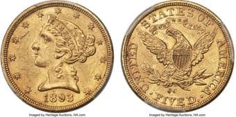 Liberty Half Eagles 1893-CC $5 MS62+ PCGS. CAC. Winter 1-A. Ex: The Fairmont Collection. A volatile economy and a new...