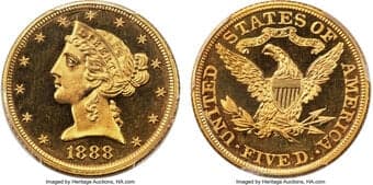 Proof Liberty Half Eagles 1888 $5 JD-1, High R.5, PR64 Cameo PCGS. CAC. The mintage for 1888 proofs was low as just 95...