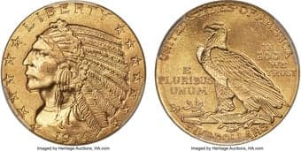 Indian Half Eagles 1914 $5 MS65 PCGS. The artistic symbolism in U. S. coinage created in the early 1900s included the...