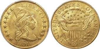 Early Eagles 1801 $10 BD-2, R.2, MS63+ PCGS. Bass-Dannreuther Die State b/b. The 1801 BD-2 die marriage is attributed...