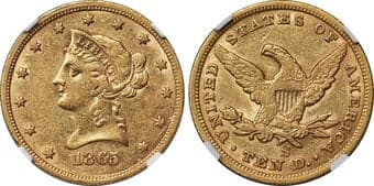 Liberty Eagles 1865-S $10 865 Over Inverted 186 AU55 NGC. VP-001. The total production of ten dollar gold coins at the...
