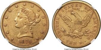 Liberty Eagles 1870-CC $10 XF45 NGC. Winter 1-B. Ex: Manhattan Collection. With such a small mintage in addition to its...