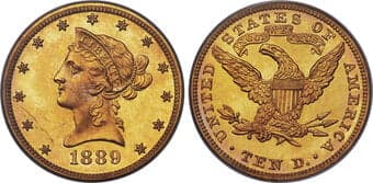 Proof Liberty Eagles 1889 $10 JD-1, High R.6, PR63 PCGS. Only 45 1889 ten dollar gold proofs were produced in 1889,...