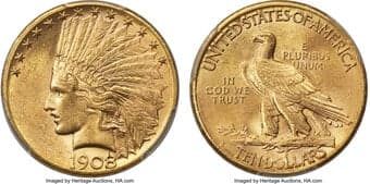 Indian Eagles 1908-S $10 MS62 PCGS. The 1908-S mintage of eagles was the third lowest from the San Francisco Mint,...