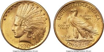 Indian Eagles 1930-S $10 MS64+ PCGS. CAC. Wonderful yellow-gold surfaces contain minimal deviations from this hue on...
