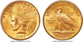Indian Eagles 1932 $10 MS66 PCGS. Well-detailed design elements and lustrous orange-gold surfaces create outstanding...