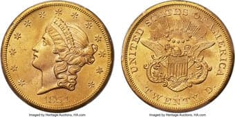 Liberty Double Eagles 1854-S $20 MS62 PCGS. The date logotype on this 1854-S double eagle is identical in size to the...