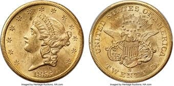 Liberty Double Eagles 1855-S $20 Broken A, Full E, S.S. Central America #2 (with Pinch) MS62 PCGS. Variety 14A. Chief...