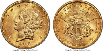 Liberty Double Eagles 1856-S $20 No Serif, High Right S, Variety 17N, MS64 PCGS. Ex: S.S. Central America. SSCA #5596....