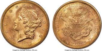 Liberty Double Eagles 1857-S $20 Spiked Shield, Variety 20A, MS65 PCGS. Ex: S.S. Central America, SSCA 0558. The 20A...