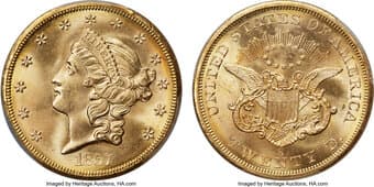 Liberty Double Eagles 1857-S $20 Spiked Shield, Variety 20A, S.S. Central America With Pinch, MS65+ PCGS. Chief...
