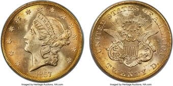 Liberty Double Eagles 1857-S $20 Bold S, Variety 20B, MS64 PCGS. Ex: S.S. Central America. SSCA 0196. Bold S. The S...
