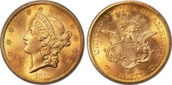 Liberty Double Eagles 1857-S $20 Bold S, Variety 20B, MS66 PCGS. CAC. Ex: S.S. Central America. SSCA #0230. Variety...