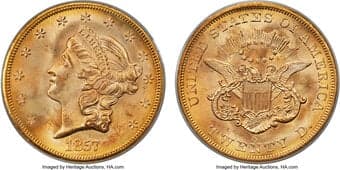 Liberty Double Eagles 1857-S $20 Narrow Serif, Variety 20C, MS64 PCGS. Ex: S.S. Central America, SSCA 3966. Foggy soft...
