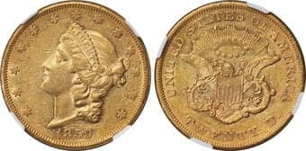 Liberty Double Eagles 1859 $20 AU55 NGC. Breen-7195. This orange-gold Choice About Uncirculated example displays...