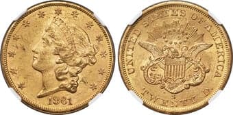 Liberty Double Eagles 1861-S $20 MS61 NGC. Medium S. Double eagle coinage at the San Francisco Mint in 1861 was...