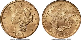 Liberty Double Eagles 1865-S $20 MS62 NGC. Small S. The 1865-S was considered rare in Mint State prior to the two...