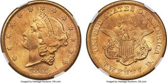 Liberty Double Eagles 1865-S $20 MS64 NGC. The S.S. Brother Jonathan catastrophe occurred in a gale in late July 1865...