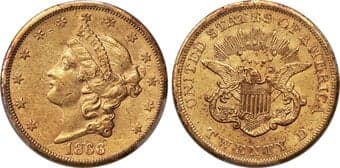Liberty Double Eagles 1866-S $20 No Motto AU53 PCGS. Small S. Pale glints of green and reddish color attend the...