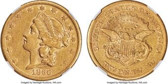 Liberty Double Eagles 1866-S $20 No Motto AU53 NGC. Although not as rare as the 1861-S Paquet twenties, the 1866-S No...