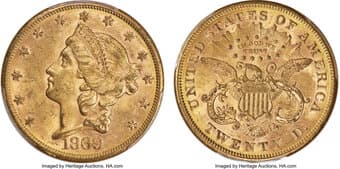 Liberty Double Eagles 1869-S $20 MS62 PCGS. Ex: Granite Lady Hoard. The 1869-S double eagle remains an important rarity...