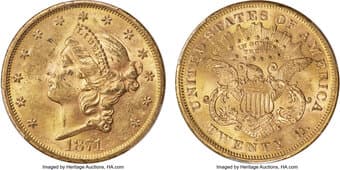 Liberty Double Eagles 1871-S $20 MS62+ PCGS. Type Two twenty dollar gold coins are notoriously difficult to locate...