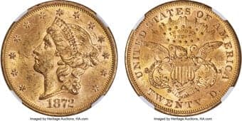 Liberty Double Eagles 1872-S $20 MS62 NGC. Ex: Granite Lady Hoard. Small Squat S. The San Francisco Mint boasted the...