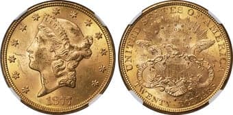 Liberty Double Eagles 1877-S $20 MS63 NGC. Small S. Blinding yellow-gold surfaces abound with luster, coating...