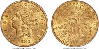 Liberty Double Eagles 1883-CC $20 AU58 PCGS. Winter 1-B. Ample luster remains on peach-gold surfaces that are imbued...