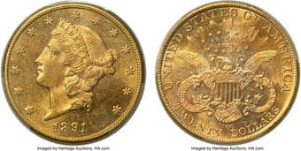 Liberty Double Eagles 1891-CC $20 MS61 PCGS. Winter 1-A. Ex: Old West Carson City Collection. The low-mintage 1891-CC...