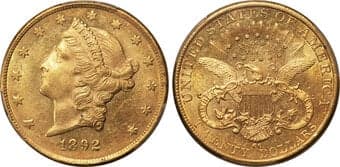 Liberty Double Eagles 1892-CC $20 MS62+ PCGS. Winter 1-A. The penultimate year for the Carson City Mint's coinage...