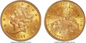 Liberty Double Eagles 1897-S $20 MS65 PCGS. Few pre-1900 San Francisco double eagles are as collectible as the 1897-S...