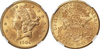 Liberty Double Eagles 1904 $20 MS66 NGC. With a massive mintage exceeding 6.2 million pieces, the 1904 Philadelphia...