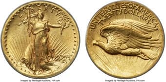 High Relief Double Eagles 1907 $20 High Relief, Wire Rim, MS62 PCGS. A few faint contact marks and a tiny rim nick...