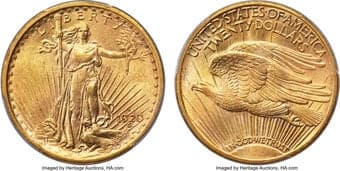 Saint-Gaudens Double Eagles 1920-S $20 MS62 PCGS. Light yellow-gold surfaces contain faint hints of rose-lilac in the...