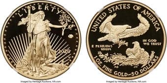 Modern Bullion Coins 2020-W G$50 One-Ounce Gold Eagle, v75 Privy, 1 of 1,945 Struck, First Day of Issue, PR70 Ultra...