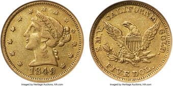 Territorial Gold 1849 $5 Moffat & Co. Five Dollar AU55 NGC. K-4, R.5. Moffat & Co. produced small gold bars, five...