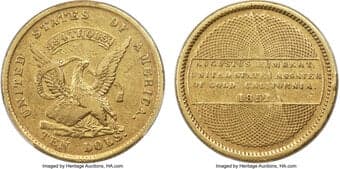 Territorial Gold 1852/1 $10 Humbert Ten Dollar VF35 PCGS. K-8, R.5. A distinctive diagonal reverse die break and the...