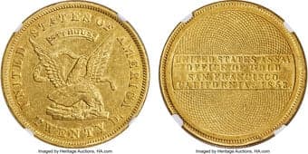Territorial Gold 1853 $20 Assay Office, 884 Thous. AU53 NGC. K-17, Low R.6. Lovely green-gold coloration covers...