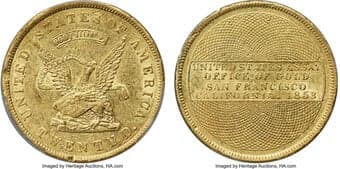 Territorial Gold 1853 $20 Assay Office, 900 Thous., S.S. Central America #2 (with Pinch) MS60 PCGS. K-18, R.2. Chief...