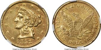 Territorial Gold 1852 $5 Wass Molitor, Small Head -- Improperly Cleaned -- NGC Details. XF. K-1, High R.6. Ex:...