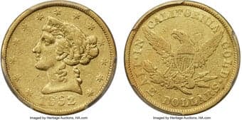 Territorial Gold 1852 $5 Wass Molitor, Small Head, S.S. Central America #2 (with Pinch) VF30 PCGS. K-1, High R.6....