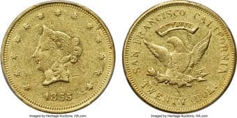 Territorial Gold 1855 $20 Wass Molitor, Small Head, S.S. Central America #2 (with Pinch) AU55 PCGS. K-7, R.6. Chief...