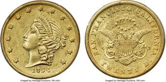 Territorial Gold 1854 $20 Kellogg & Co., S.S. Central America #2 (with Pinch) AU58 PCGS. K-2, R.4. Chief Scientist Bob...