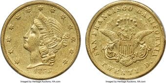 Territorial Gold 1855 $20 Kellogg & Co. Twenty Dollar, S.S. Central America #2 (with Pinch) AU53 PCGS. K-3a, R.6....