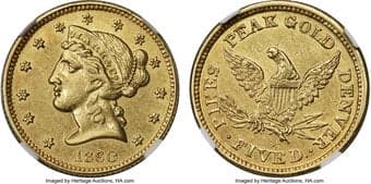 Territorial Gold 1860 $5 Clark, Gruber & Co. Five Dollar AU55 NGC. K-2, R.4. Although the 1860 Clark, Gruber ten and...